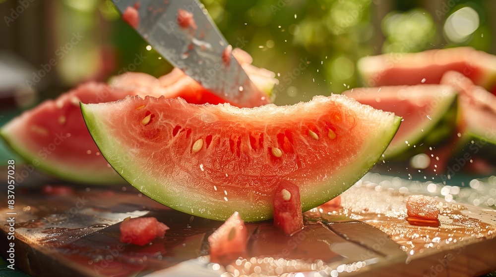 Summer Refreshment - Close-up of a Juicy Ripe Watermelon Being Sliced Outdoors on a Sunny Day Summer Refreshment - Close-up of a Juicy Ripe Watermelon Being Sliced Outdoors on a Sunny Day