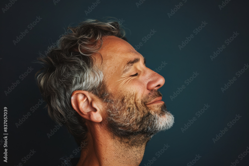 Obraz premium A close up of a man with beard and closed eyes looking to a side