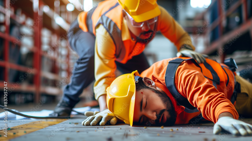 Colleague performing CPR on an injured worker lying on the ground after