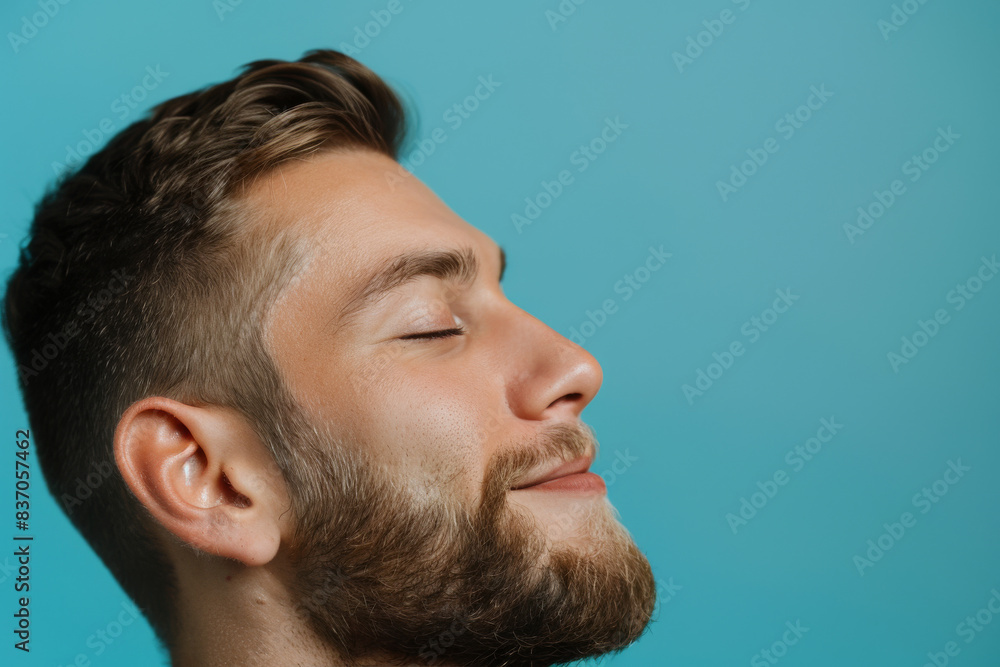 Obraz premium A close up of a man with beard and closed eyes looking to a side