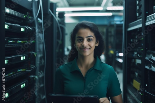 portrait of smiling female technician in server room