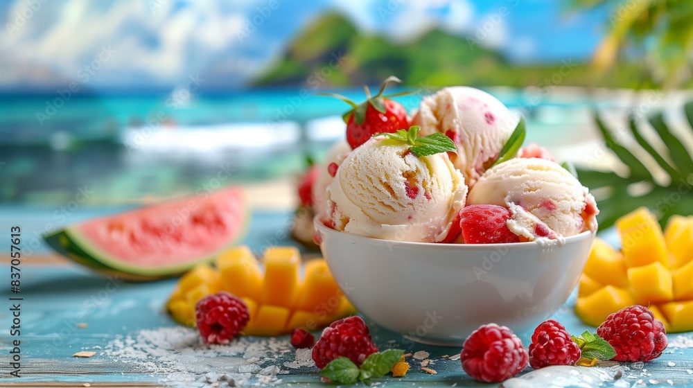Tropical Indulgence: Colorful Ice Cream with Fresh Fruits on a Beachside Table Tropical Indulgence: Colorful Ice Cream with Fresh Fruits on a Beachside Table