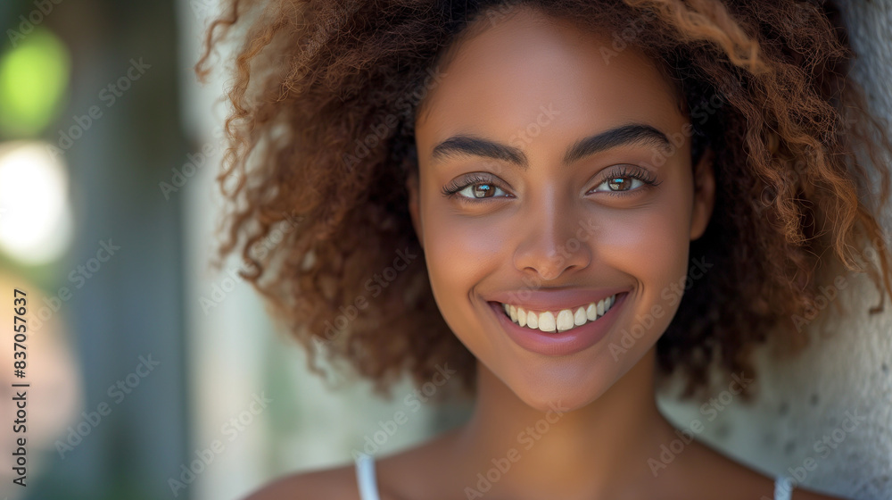 Portrait of a young african american woman with voluminous curly hair Portrait of a young african american woman with voluminous curly hair