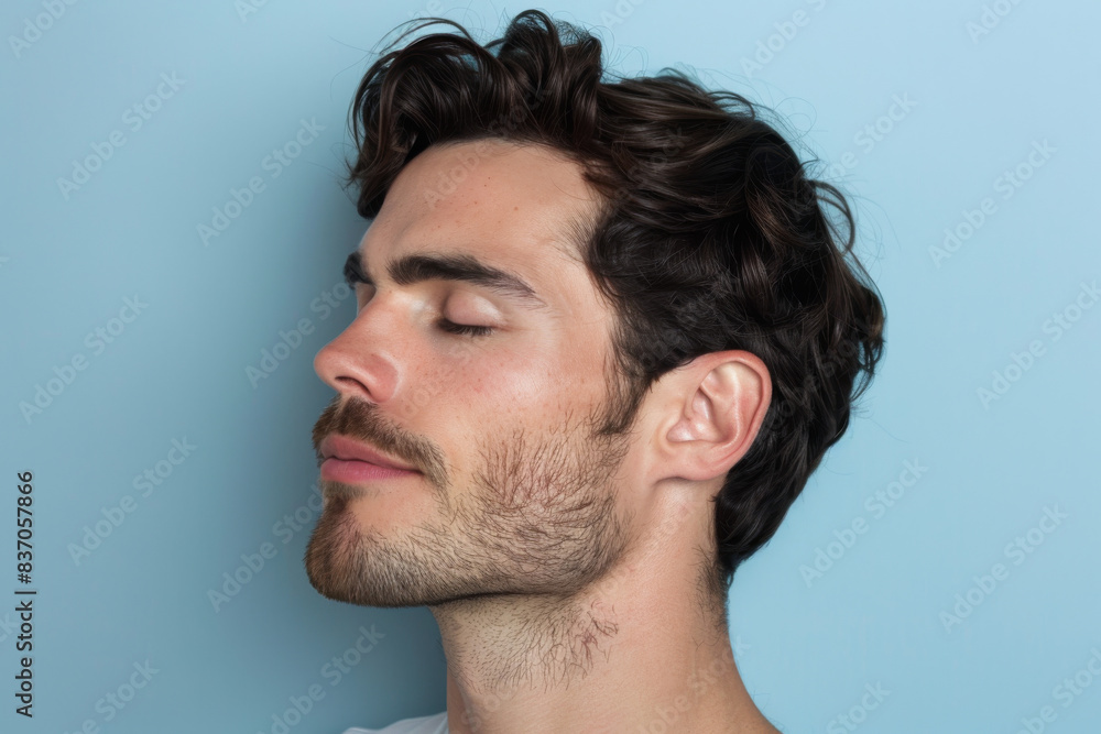 Obraz premium A close up of a man with beard and closed eyes looking to a side