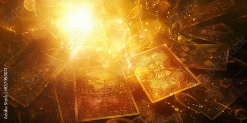 Golden playing cards with glowing light in the background