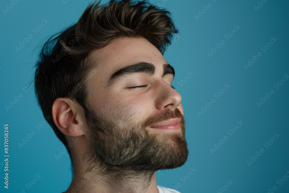 A close up of a man with beard and closed eyes looking to a side A close up of a man with beard and closed eyes looking to a side