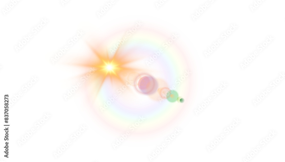 Yellow bright star and shimmering glare, transparent sunlight special lens flare light effect. Solar flare. Sun flash. Png.
