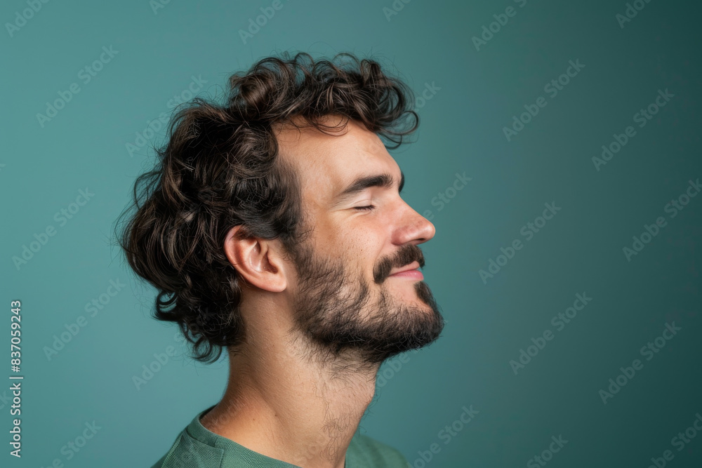 Obraz premium A close up of a man with beard and closed eyes looking to a side