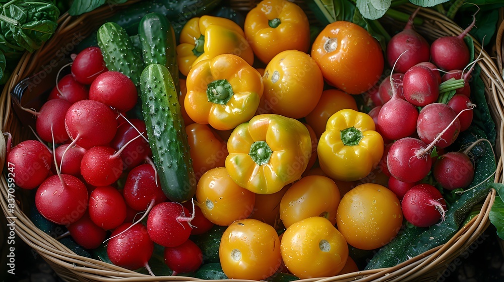 A close-up of a basket filled with freshly picked homegrown vegetables including cucumbers, radishes, and bell peppers A close-up of a basket filled with freshly picked homegrown vegetables including cucumbers, radishes, and bell peppers