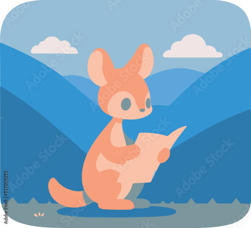 Illustration of a baby kangaroo reading outdoors with mountains in the background