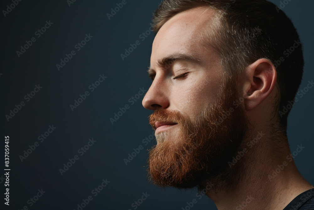 Obraz premium A close up of a man with beard and closed eyes looking to a side