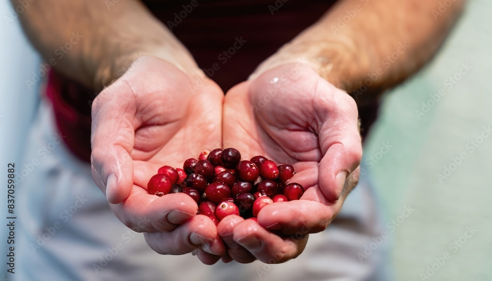 man with handful of cranberries man with handful of cranberries