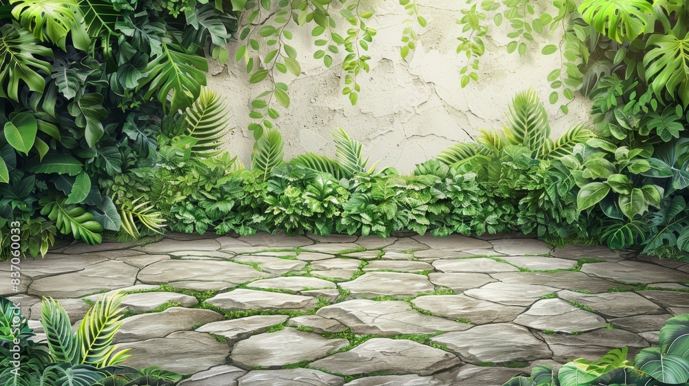 natural floor and wall background with stone floors and green, leafy walls for an eco-friendly