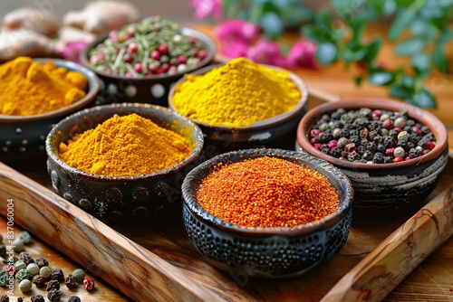 A vibrant close-up of an assortment of colorful spices a wooden tray. © kura