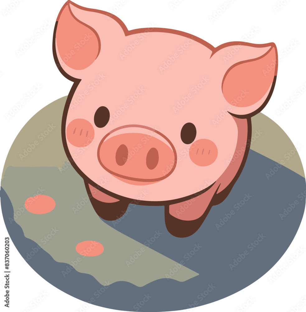 Fototapeta premium Cartoon pink pig standing on a dirt rug
