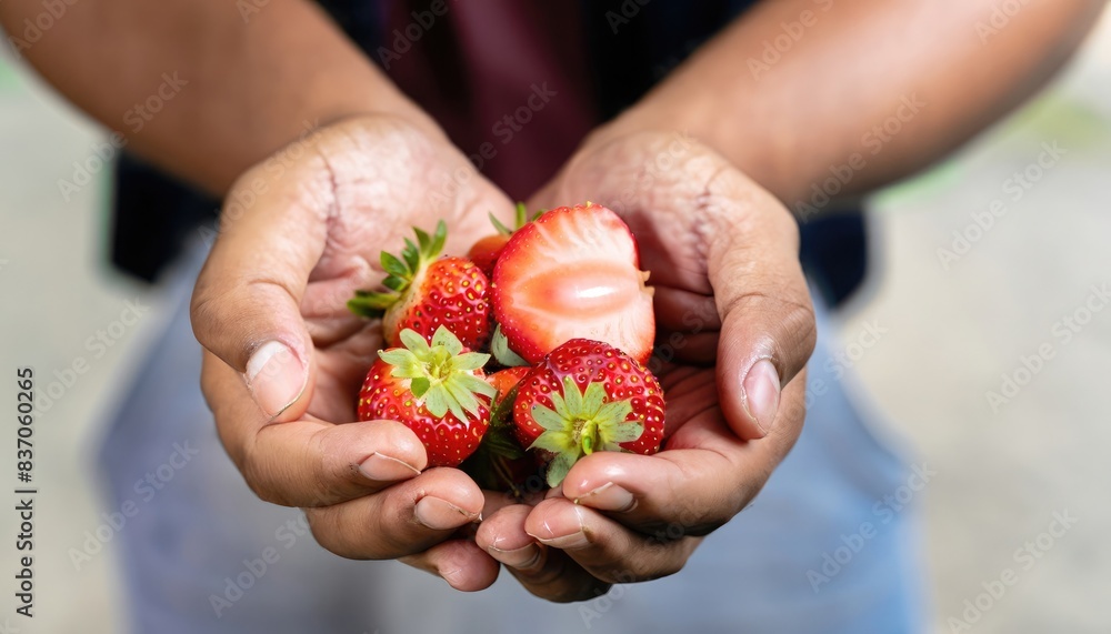 man with handful of strawberries man with handful of strawberries