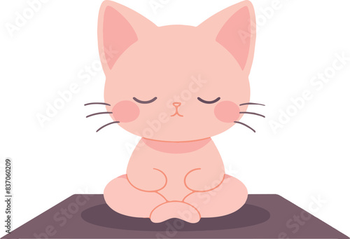 Illustration of a Pink cat meditating with closed eyes on black surface in lotus position