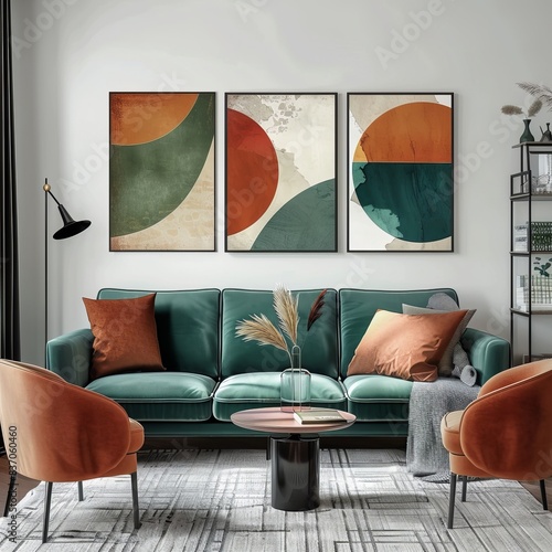 A contemporary living room with abstract art creates an inviting background for wallpapers and showcases an interior best-seller