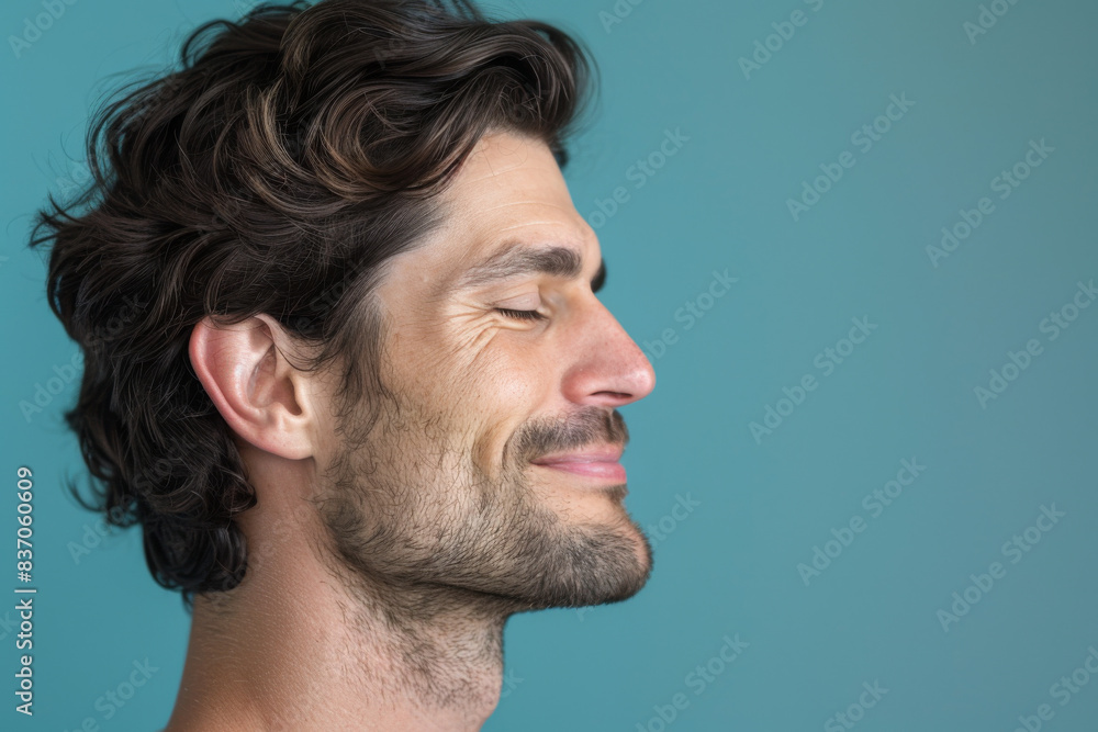 Obraz premium A close up of a man with beard and closed eyes looking to a side