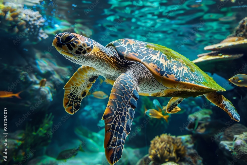 Fototapeta premium Vibrant underwater ecosystem with various marine creatures and a majestic turtle