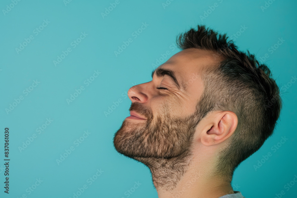 Obraz premium A close up of a man with beard and closed eyes looking to a side