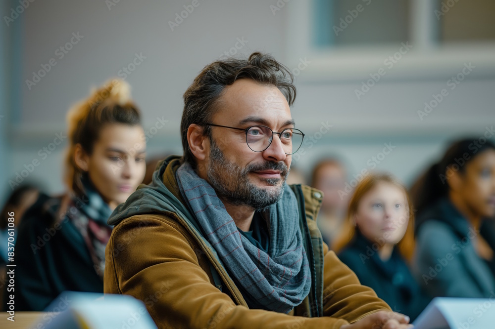 Middle-aged European man with glasses attending a lecture, concept of education, focus Middle-aged European man with glasses attending a lecture, concept of education, focus
