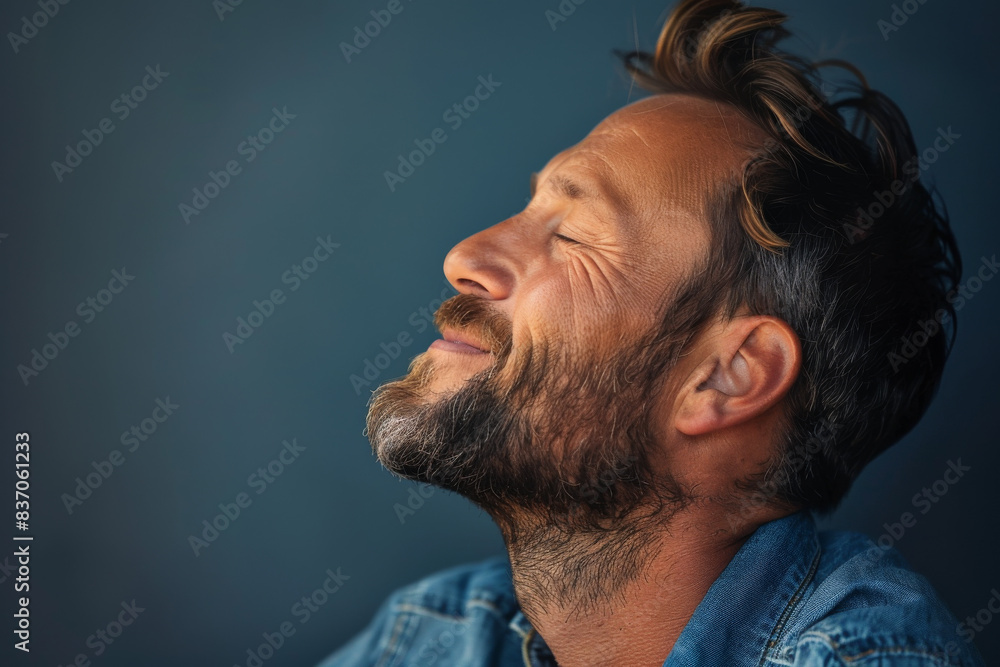 Fototapeta premium A close up of a man with beard and closed eyes looking to a side