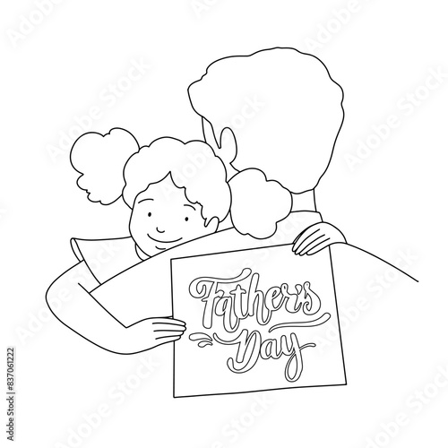 little girl on father's shoulders, father's day card, outline. Vector illustration (ID: 837061222)