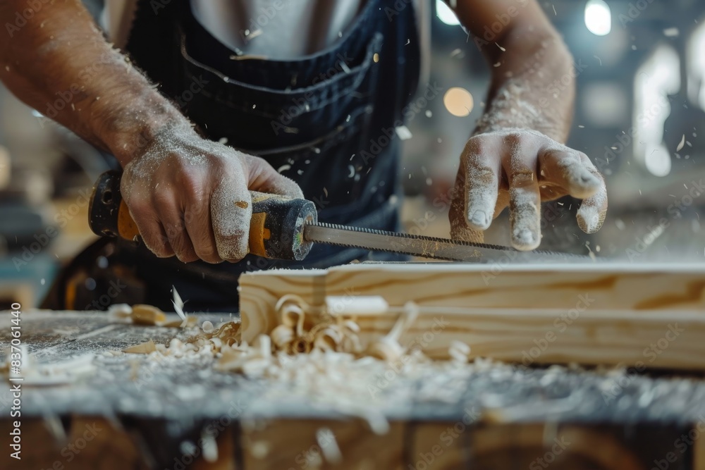 Skilled worker screwing wooden rail onto sawdust-covered table using screwdriver Skilled worker screwing wooden rail onto sawdust-covered table using screwdriver