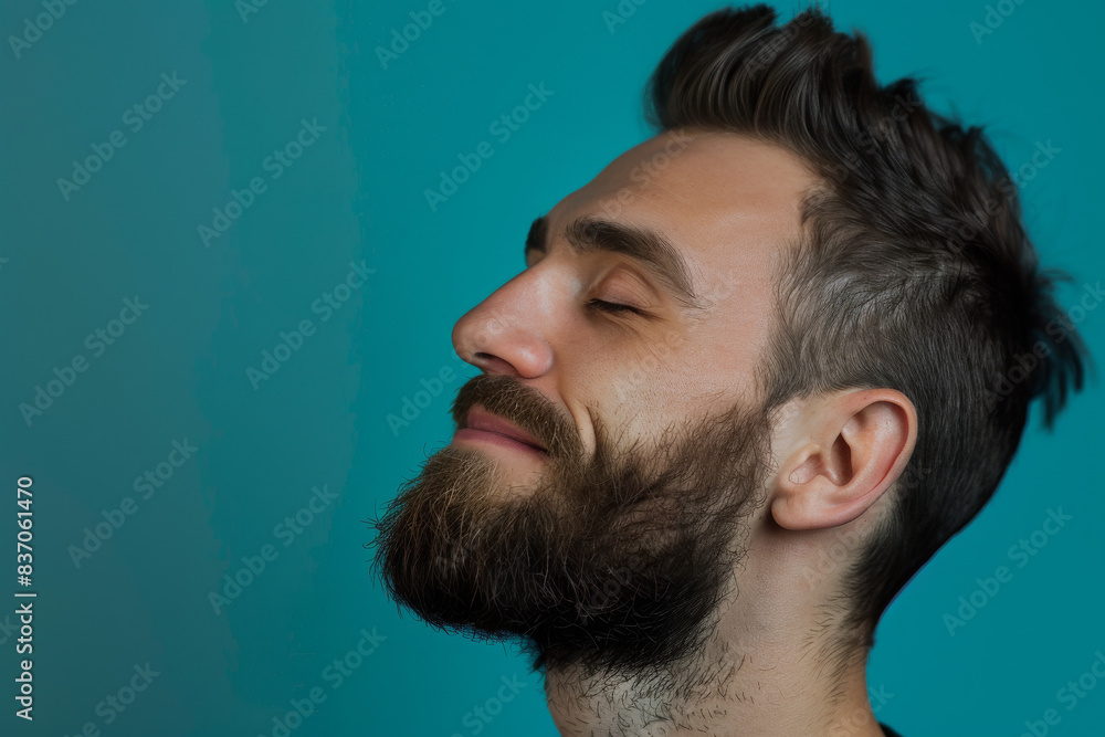 Obraz premium A close up of a man with beard and closed eyes looking to a side