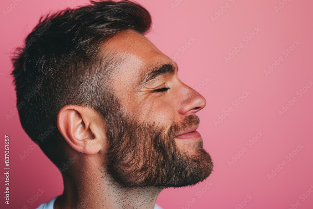 A close up of a man with beard and closed eyes looking to a side A close up of a man with beard and closed eyes looking to a side