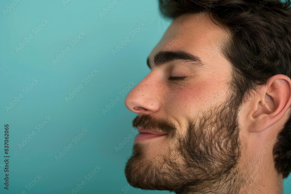 Obraz premium A close up of a man with beard and closed eyes looking to a side
