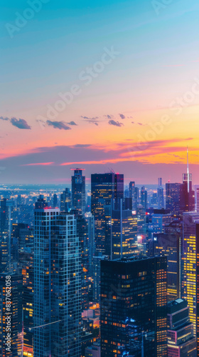 A city skyline at sunset with a bright orange sky