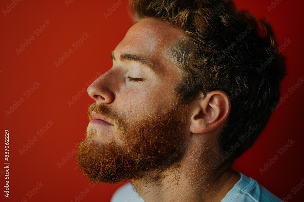 Obraz premium A close up of a man with beard and closed eyes looking to a side