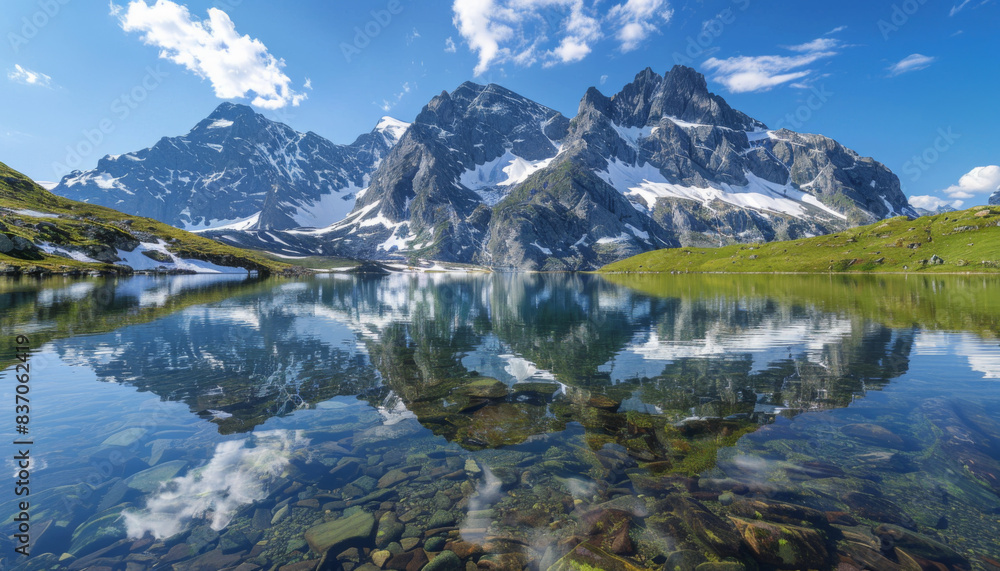 A beautiful mountain lake with a reflection of the mountains in the water A beautiful mountain lake with a reflection of the mountains in the water