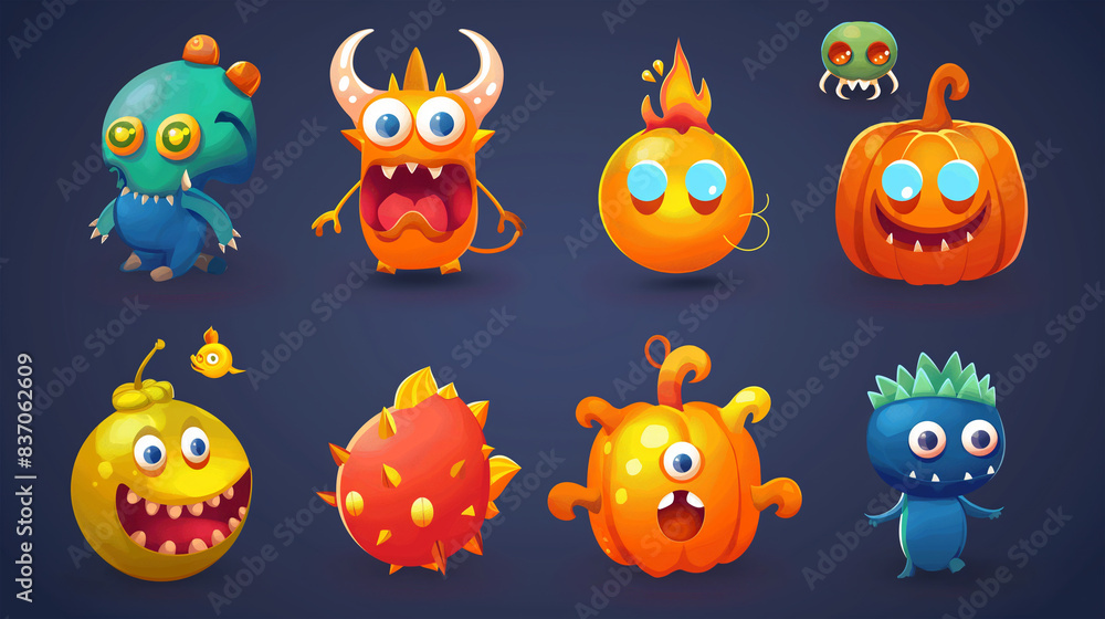 Fototapeta premium Asset of Mobile game, Halloween, slot game isolation on dark background, Illustration