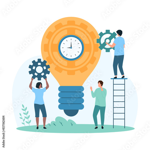 Creative time management ideas, workflow setup. Tiny people with gears customize clock inside bright light bulb machine, employees study task organization for improvement cartoon vector illustration
