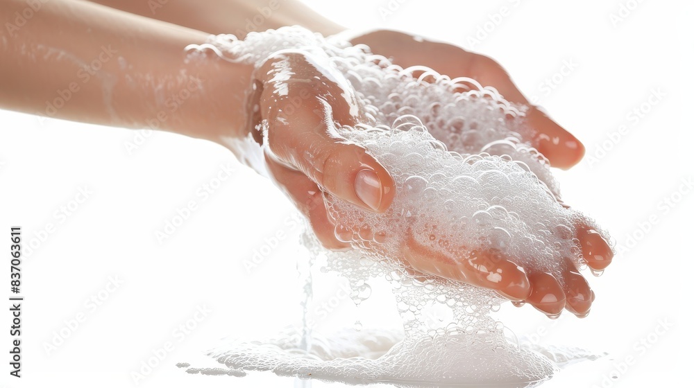 Fototapeta premium Hands washing with soap and water, creating foamy bubbles, promoting hygiene and cleanliness on a white background.