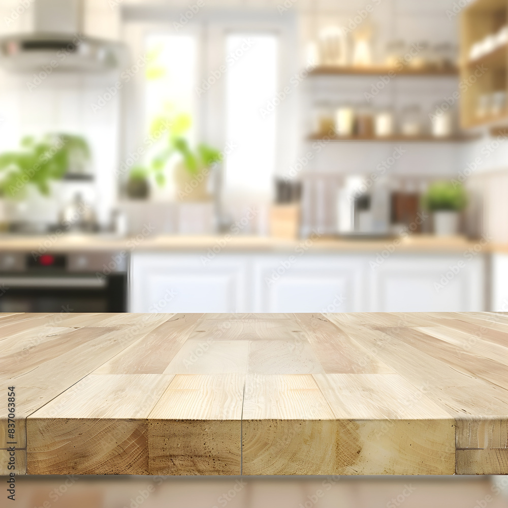 Empty wooden kitchen countertop with a blur background of a stylish kitchen interior Empty wooden kitchen countertop with a blur background of a stylish kitchen interior
