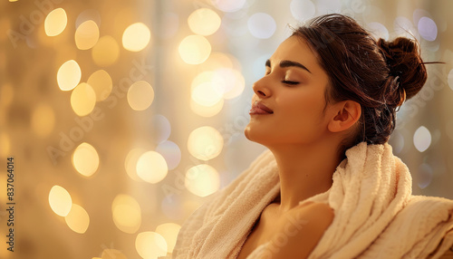 Relaxed woman enjoying a spa day with serene and peaceful ambiance, surrounded by beautiful bokeh light effects in the background.