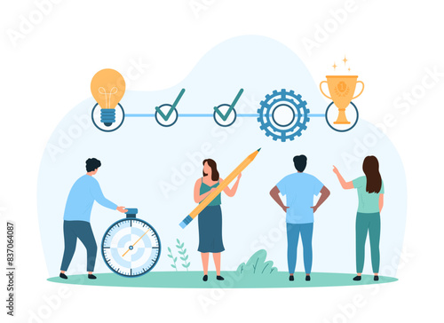 Task organization with infographic timeline chart. Tiny people with pencil and timer mark process milestones, check progress with light bulb and tick, gear and award cartoon vector illustration