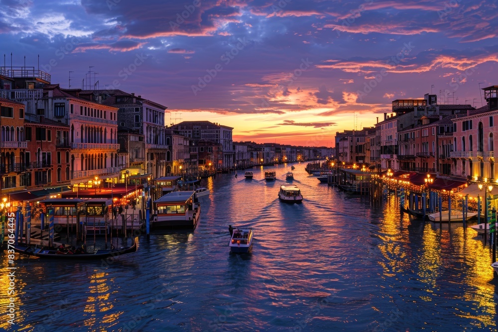 Obraz premium Venice night panorama. beautiful cityscape, grand canal view, romantic water trip, italy