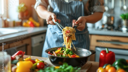 A health-conscious cook using konjac noodles in a vibrant stir-fry dish  surrounded by colorful vegetables in a bright kitchen