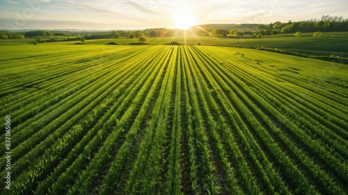 Sunset view over a green agricultural field with straight rows of crops  symbolizing growth and prosperity in farming and nature.