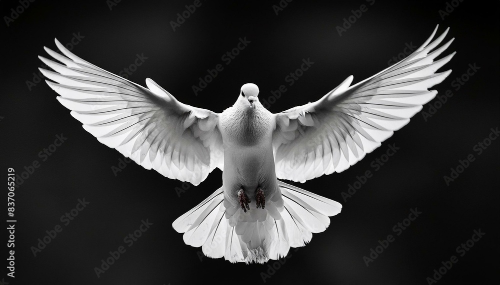 white flying dove isolated on black background