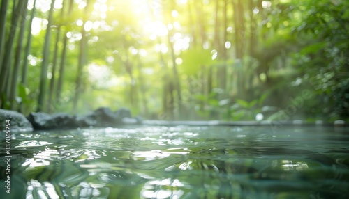 Tranquil scene of a serene forest stream with sunlight filtering through bamboo trees  ideal for nature and relaxation themes.