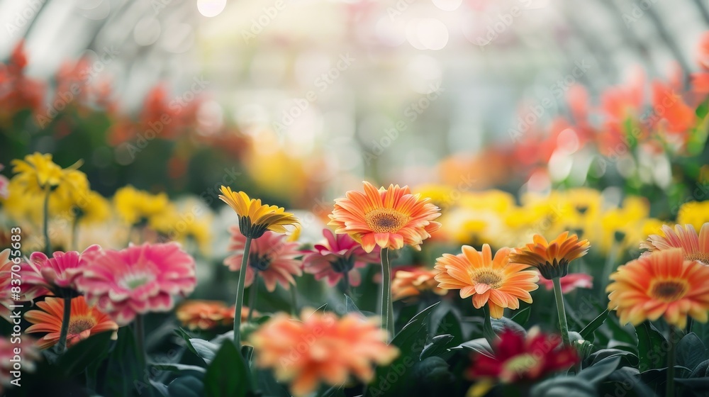 Vibrant gerbera flowers in various colors bloom in greenhouse, showcasing the beauty of nature in a controlled environment. Perfect for spring themes. Vibrant gerbera flowers in various colors bloom in greenhouse, showcasing the beauty of nature in a controlled environment. Perfect for spring themes.