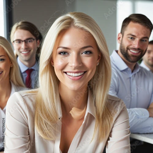 Smiling attractive blond confident professional woman posing at her business office with her coworkers and employees in the background