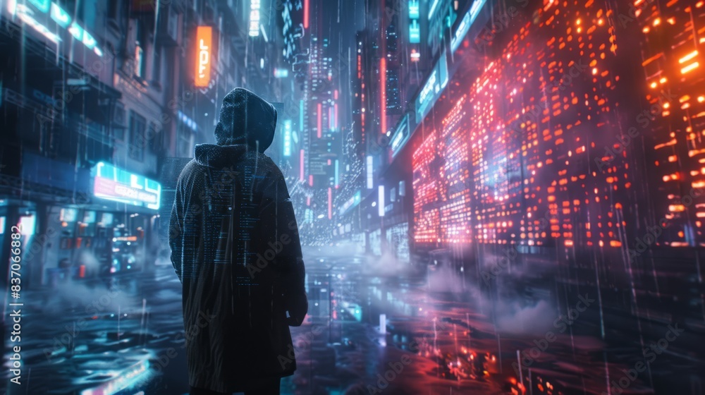 A futuristic hacker man in a hood A futuristic hacker man in a hood