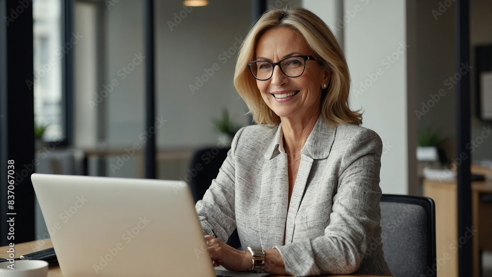 Happy busy mature business woman entrepreneur in office using laptop at work, smiling professional middle aged female company executive manager working looking at computer at workplace Happy busy mature business woman entrepreneur in office using laptop at work, smiling professional middle aged female company executive manager working looking at computer at workplace